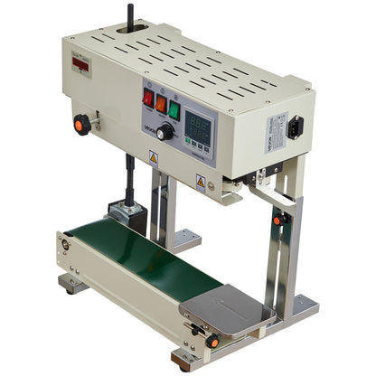 Kontinuerlig påsbandsförslutningsmaskin, 6-12 mm förseglingsbredd, vertikal bandförslutningsmaskin med rulltryck, temperatur- och hastighetsjusterbar, värmeförslutningsmaskin för 0,03-0,8 mm plastpåsar