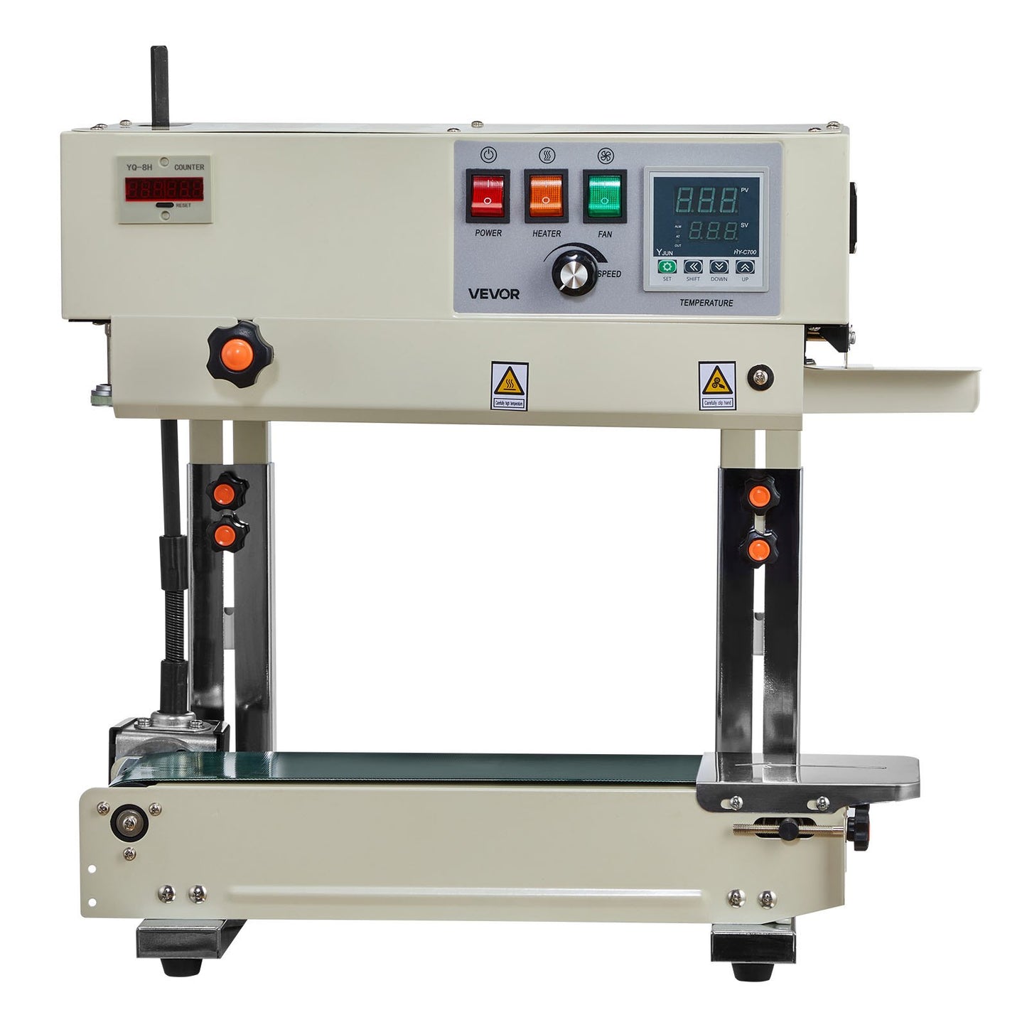 Kontinuerlig påsbandsförslutningsmaskin, 6-12 mm förseglingsbredd, vertikal bandförslutningsmaskin med rulltryck, temperatur- och hastighetsjusterbar, värmeförslutningsmaskin för 0,03-0,8 mm plastpåsar