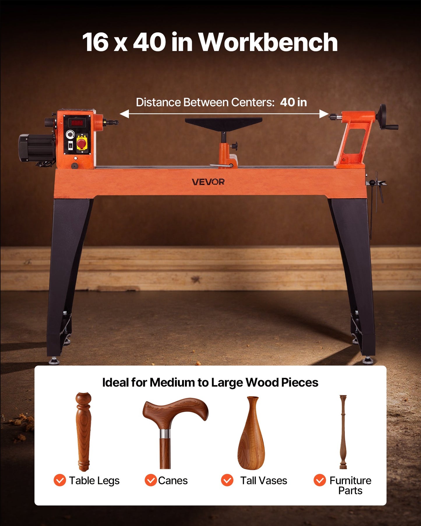 Woodworking Lathe, 1100W / 1.5 HP, Wood Lathe Machine with 0 to 3200 RPM Variable Speed, 406 x 1020 mm Workbench, Brushless DC Motor, Cast Iron Body, Tool Rest, for Medium to Large Projects Woodworking