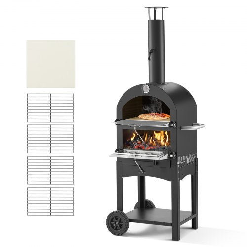 Outdoor Pizza Oven, 12" Pellet Fire Ovens, 2-Layer Pizza Oven Wood Fired, Wood Burning Outdoor Pizza-Oven with 2 Removable Wheels, 1000℉ Max Temperature Fired Pizza-Maker Ovens for Barbecue
