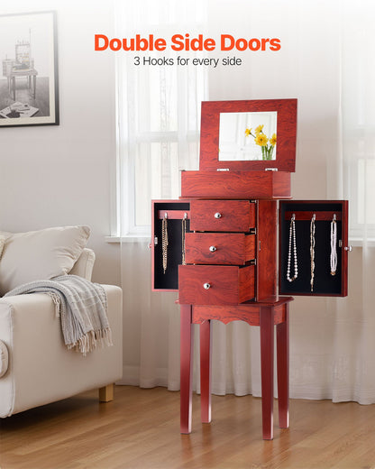 Smyckesskåp, stående smyckesförvaringsbyrå i trä med 3 lådor, fällbar spegel, 4 förvaringsfack upptill, handtag i zinklegering, 2 sidodörrar med 6 halsbandskrokar