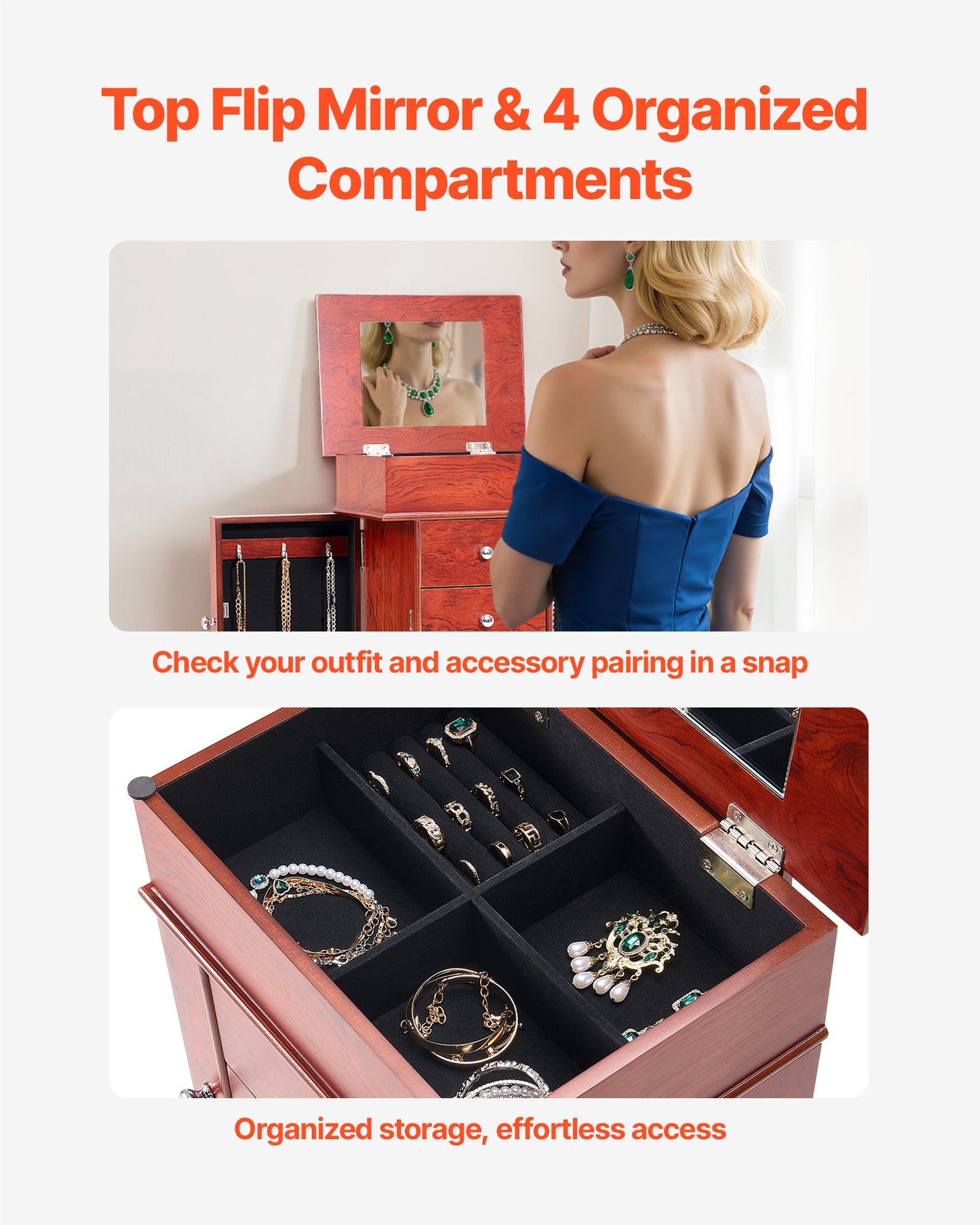 Smyckesskåp, stående smyckesförvaringsbyrå i trä med 3 lådor, fällbar spegel, 4 förvaringsfack upptill, handtag i zinklegering, 2 sidodörrar med 6 halsbandskrokar