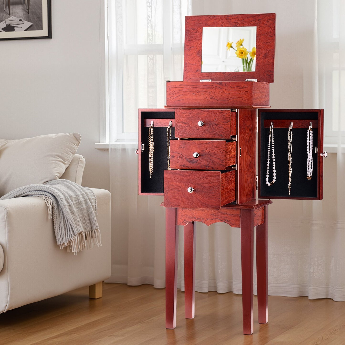 Smyckesskåp, stående smyckesförvaringsbyrå i trä med 3 lådor, fällbar spegel, 4 förvaringsfack upptill, handtag i zinklegering, 2 sidodörrar med 6 halsbandskrokar