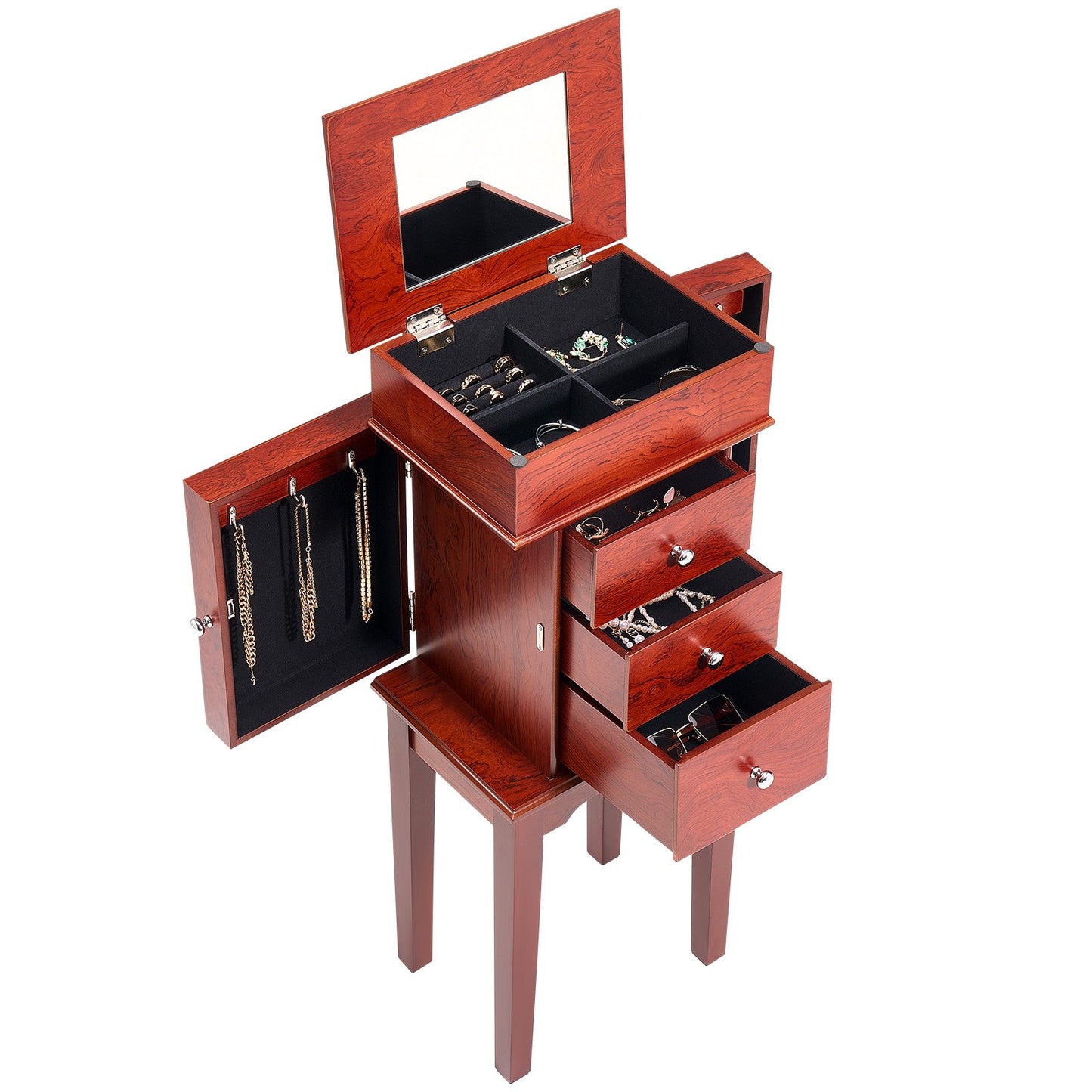 Smyckesskåp, stående smyckesförvaringsbyrå i trä med 3 lådor, fällbar spegel, 4 förvaringsfack upptill, handtag i zinklegering, 2 sidodörrar med 6 halsbandskrokar