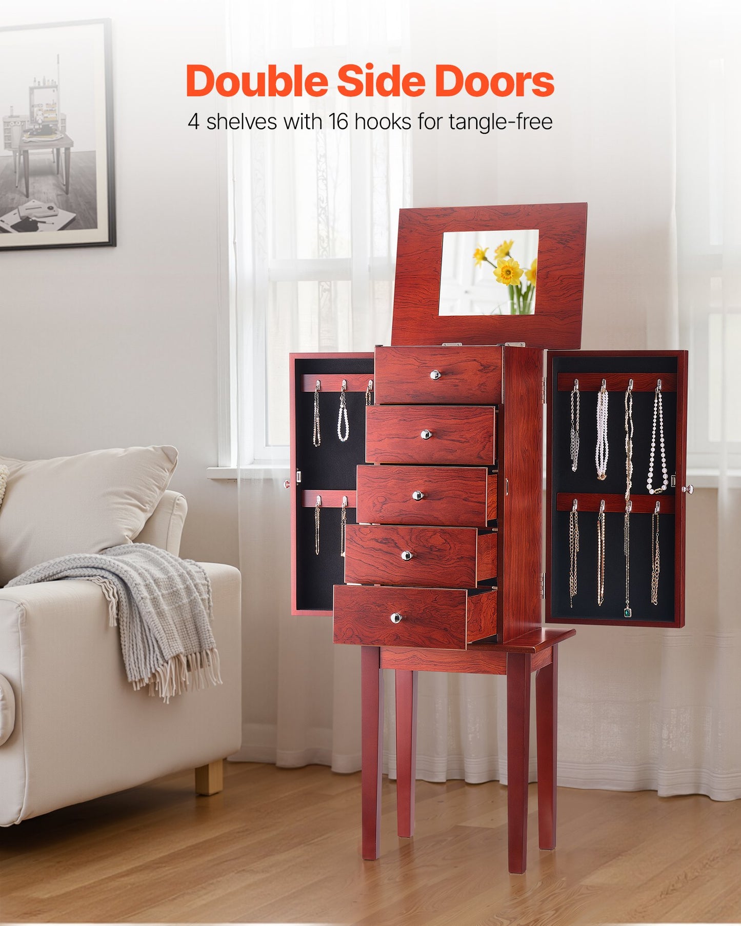 Smyckesskåp, stående smyckesförvaringslåda i trä med 4 rymliga lådor, fällbar spegel, 4 förvaringsfack upptill, handtag i zinklegering, 2 sidodörrar med 16 halsbandskrokar