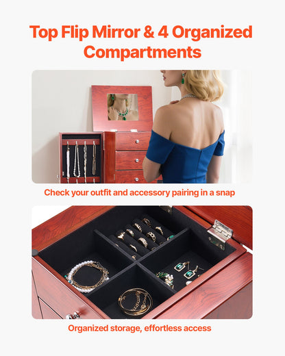 Smyckesskåp, stående smyckesförvaringslåda i trä med 4 rymliga lådor, fällbar spegel, 4 förvaringsfack upptill, handtag i zinklegering, 2 sidodörrar med 16 halsbandskrokar