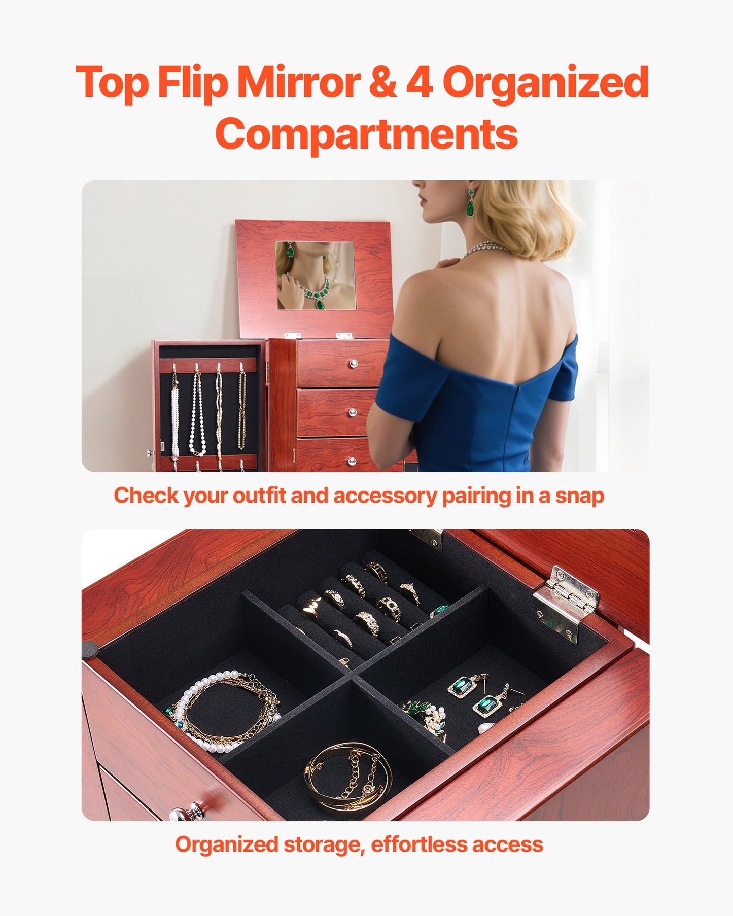 Smyckesskåp, stående smyckesförvaringslåda i trä med 4 rymliga lådor, fällbar spegel, 4 förvaringsfack upptill, handtag i zinklegering, 2 sidodörrar med 16 halsbandskrokar