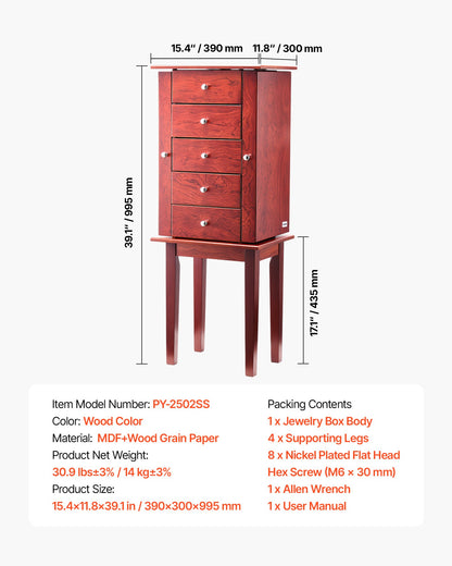 Smyckesskåp, stående smyckesförvaringslåda i trä med 4 rymliga lådor, fällbar spegel, 4 förvaringsfack upptill, handtag i zinklegering, 2 sidodörrar med 16 halsbandskrokar