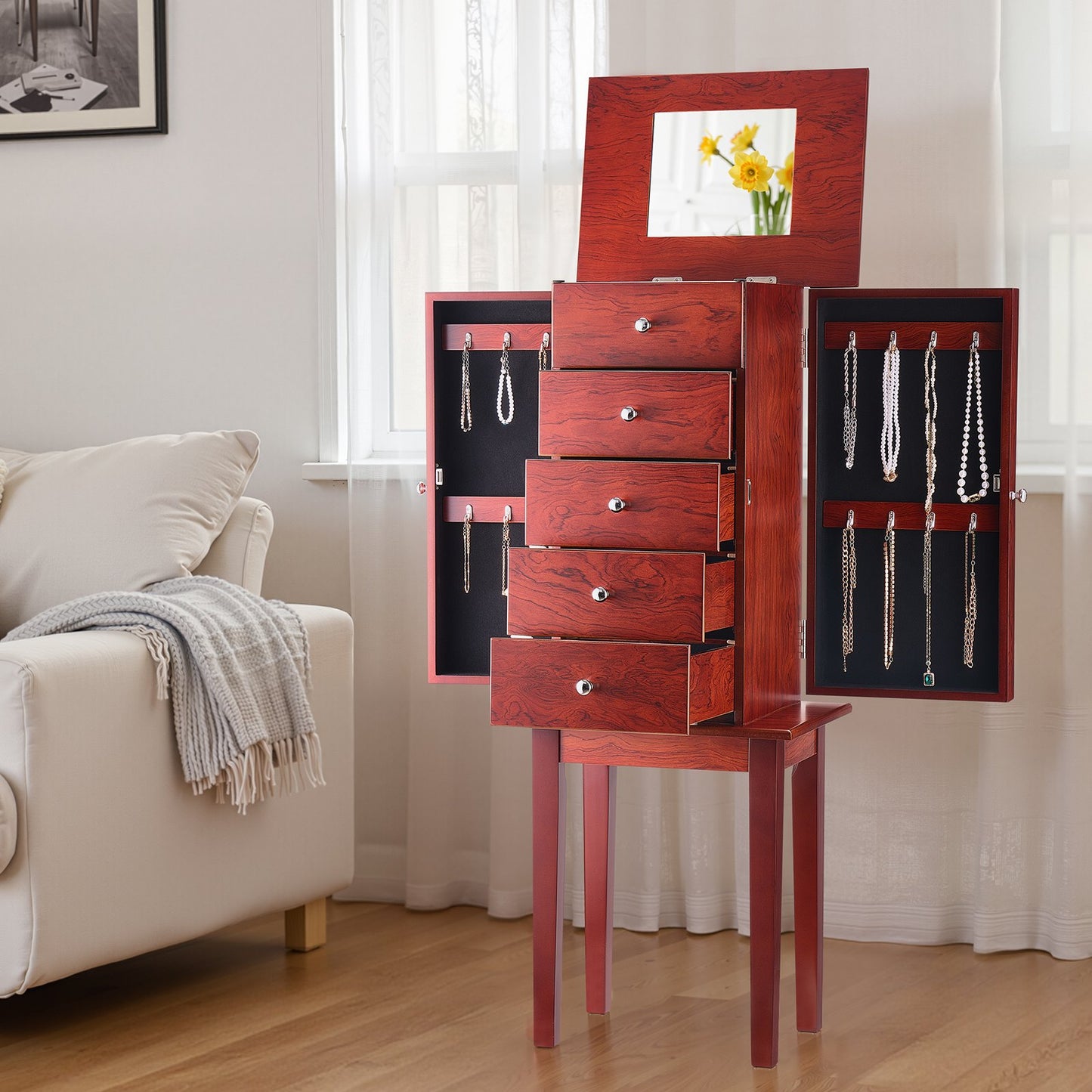 Smyckesskåp, stående smyckesförvaringslåda i trä med 4 rymliga lådor, fällbar spegel, 4 förvaringsfack upptill, handtag i zinklegering, 2 sidodörrar med 16 halsbandskrokar