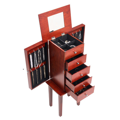 Smyckesskåp, stående smyckesförvaringslåda i trä med 4 rymliga lådor, fällbar spegel, 4 förvaringsfack upptill, handtag i zinklegering, 2 sidodörrar med 16 halsbandskrokar