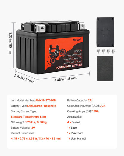 Motorcycle Battery, 12 Volt 2Ah, LiFePO4 Lithium Pre-Charged Powersports Battery, Maintenance Free & High Performance, Compatible with ATV, Motorcycle, Jet Skis, Scooter, UTV, and More