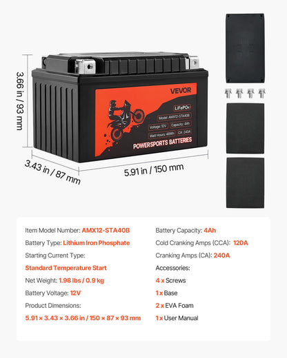 Motorcycle Battery, 12 Volt 4Ah, LiFePO4 Lithium Pre-Charged Powersports Battery, Maintenance Free & High Performance, Compatible with ATV, Motorcycle, Jet Skis, Scooter, UTV, and More