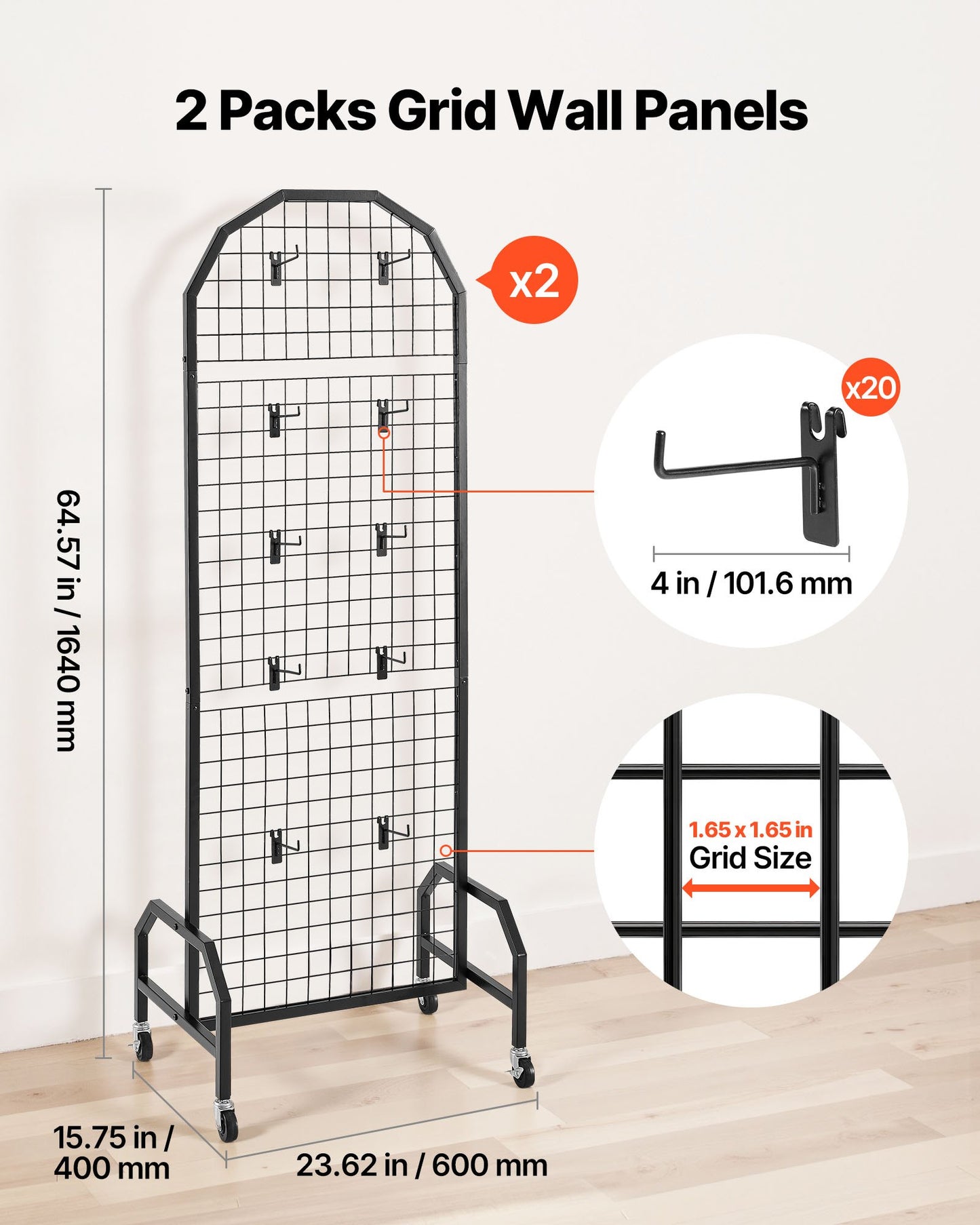 2 Packs Grid Wall Panels, 600 x 1640mm Wire Grid Panels Display Rack, Movable Art Display Shelf with Wheels and 20 Hooks, Black Carbon Steel Gridwall for Craft Show, Decor, Storage, Notice Board