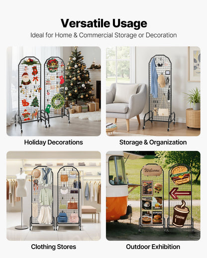 2 Packs Grid Wall Panels, 600 x 1640mm Wire Grid Panels Display Rack, Movable Art Display Shelf with Wheels and 20 Hooks, Black Carbon Steel Gridwall for Craft Show, Decor, Storage, Notice Board