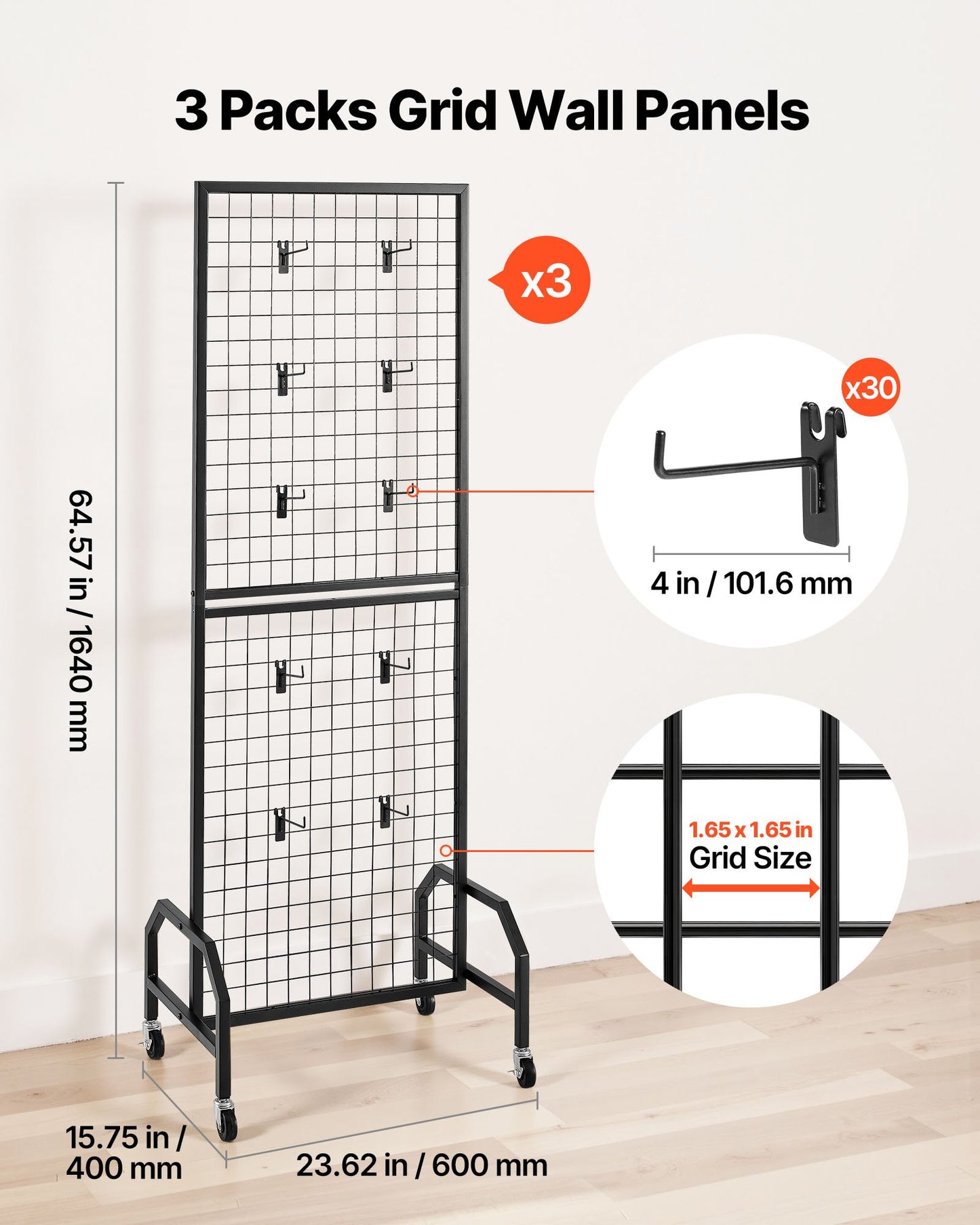 3-pack väggpaneler med rutnät, 600 x 1640 mm ställ för konstdisplayer med hjul och 30 krokar, svart rutnät i kolstål för hantverksutställning, dekoration, förvaring, anslagstavla