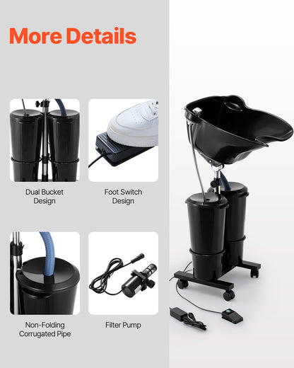 Portable Shampoo Bowl, Shampoo Sink for Washing Hair with Electric Pump, Includes 2 Buckets 2 Showerheads, Drain Hose, Height and Angle Adjustable Portable Wash Bowl for Home Salon Use, Black