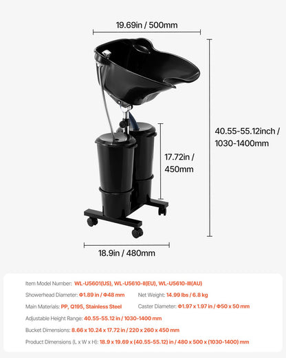 Portable Shampoo Bowl, Shampoo Sink for Washing Hair with Electric Pump, Includes 2 Buckets 2 Showerheads, Drain Hose, Height and Angle Adjustable Portable Wash Bowl for Home Salon Use, Black