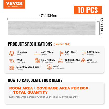 Interlocking Vinyl Floor Tiles 1220 X 185 mm, 10 Tiles 5.5mm Thick Snap Together, Light Gray Wood Grain DIY Flooring for Kitchen, Dining Room, Bedrooms & Bathrooms, Easy for Home Decor