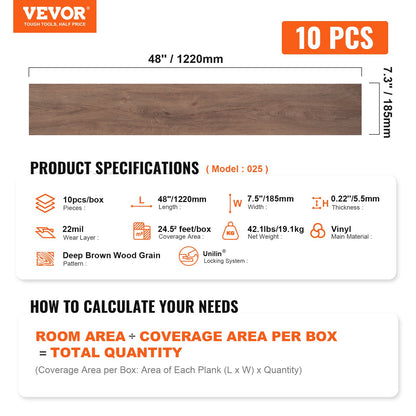 Interlocking Vinyl Floor Tiles 1220 X 185 mm, 10 Tiles 5.5mm Thick Snap Together, Deep Brown Wood Grain DIY Flooring for Kitchen, Dining Room, Bedrooms & Bathrooms, Easy for Home Decor