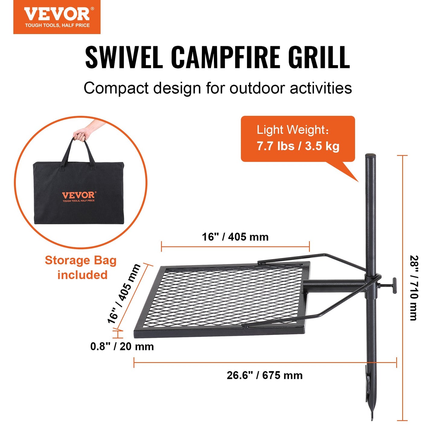Swivel Campfire Grill Heavy Duty Steel Open Fire Cooking Grate Adjustable