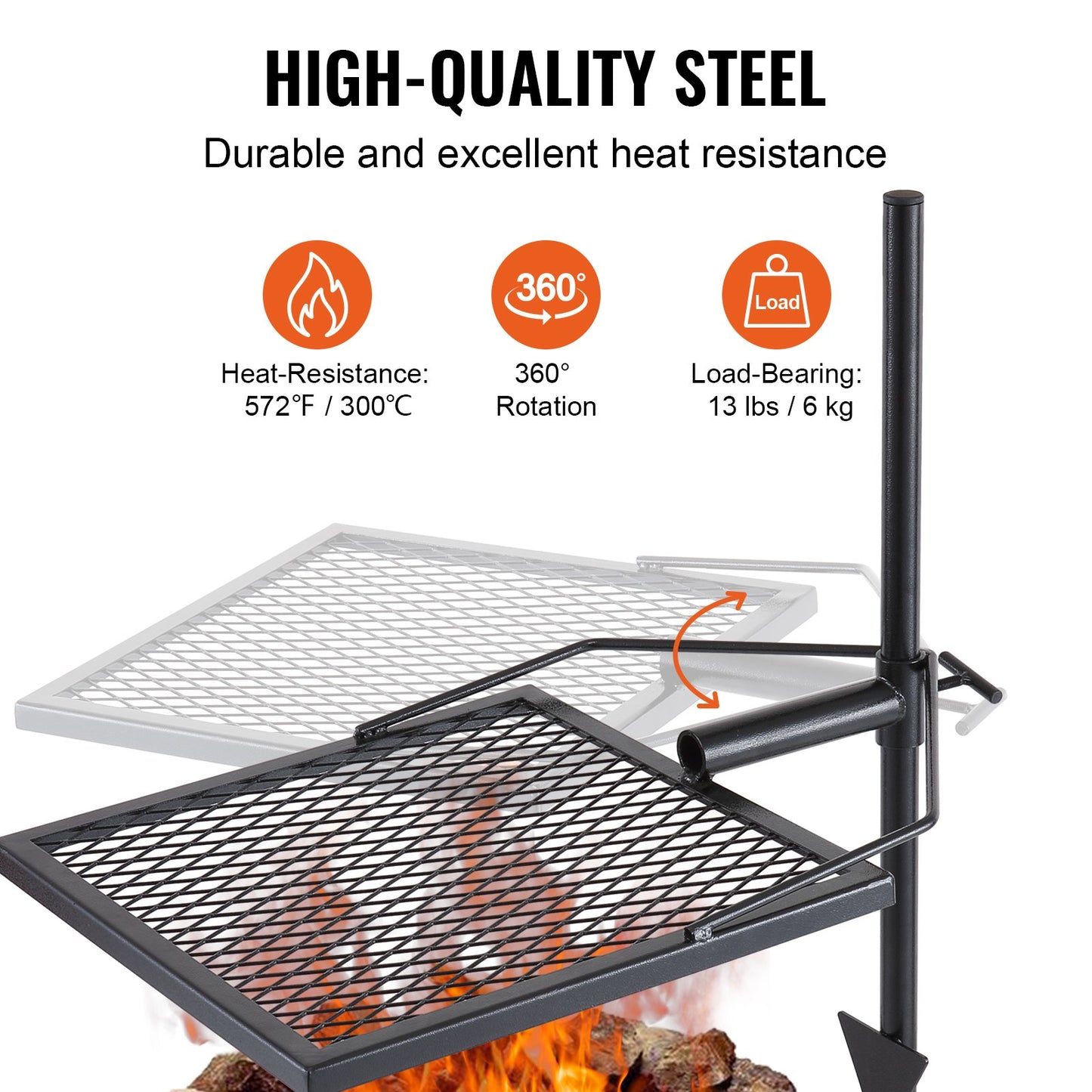 Swivel Campfire Grill Heavy Duty Steel Open Fire Cooking Grate Adjustable