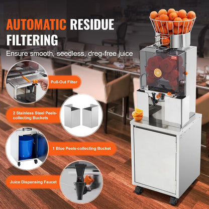 Kommersiell apelsinjuicer, 120W automatisk matningsjuicepress med vattenkran, juicepress i rostfritt stål, 25 apelsiner/minut, med utdragbar filterlåda, PC-lock, 3 hinkar för skaluppsamling