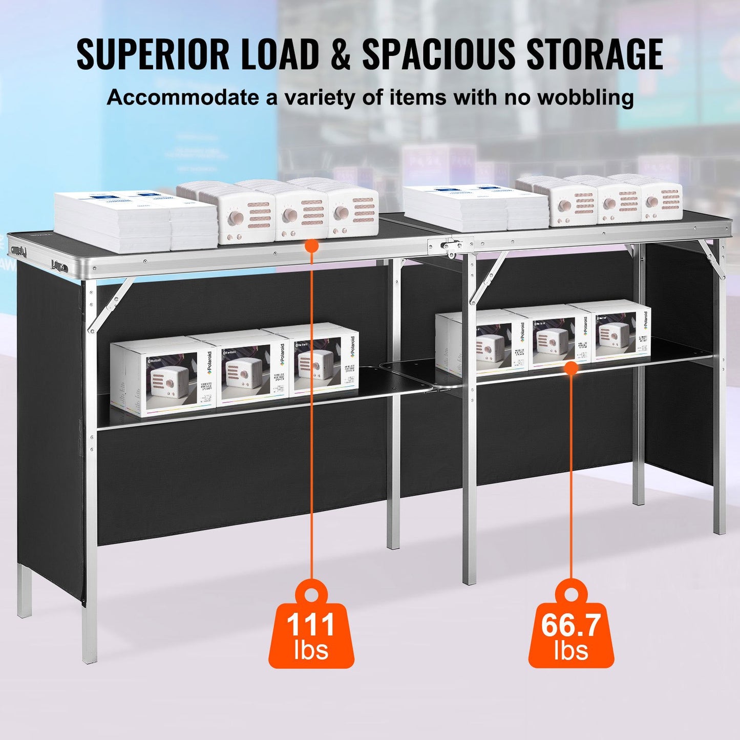 Bärbart mässbord, 1980 x 385 x 880 mm, displaymonter för mässdisk med vägg, hopfällbart reklambord för detaljhandeln, barbord med förvaringsställ och bärväska