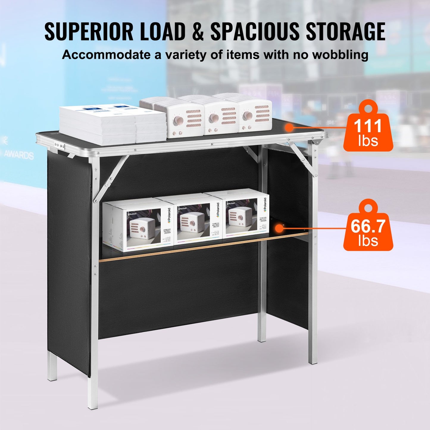 Portable Tradeshow Podium Table, 97,5 × 38,5 × 87 cm, Display Exhibition Counter Stand Booth Fair with Wall, Foldable Promotion Retail Bar Table Podium with Storage Rack and Carrying Bag