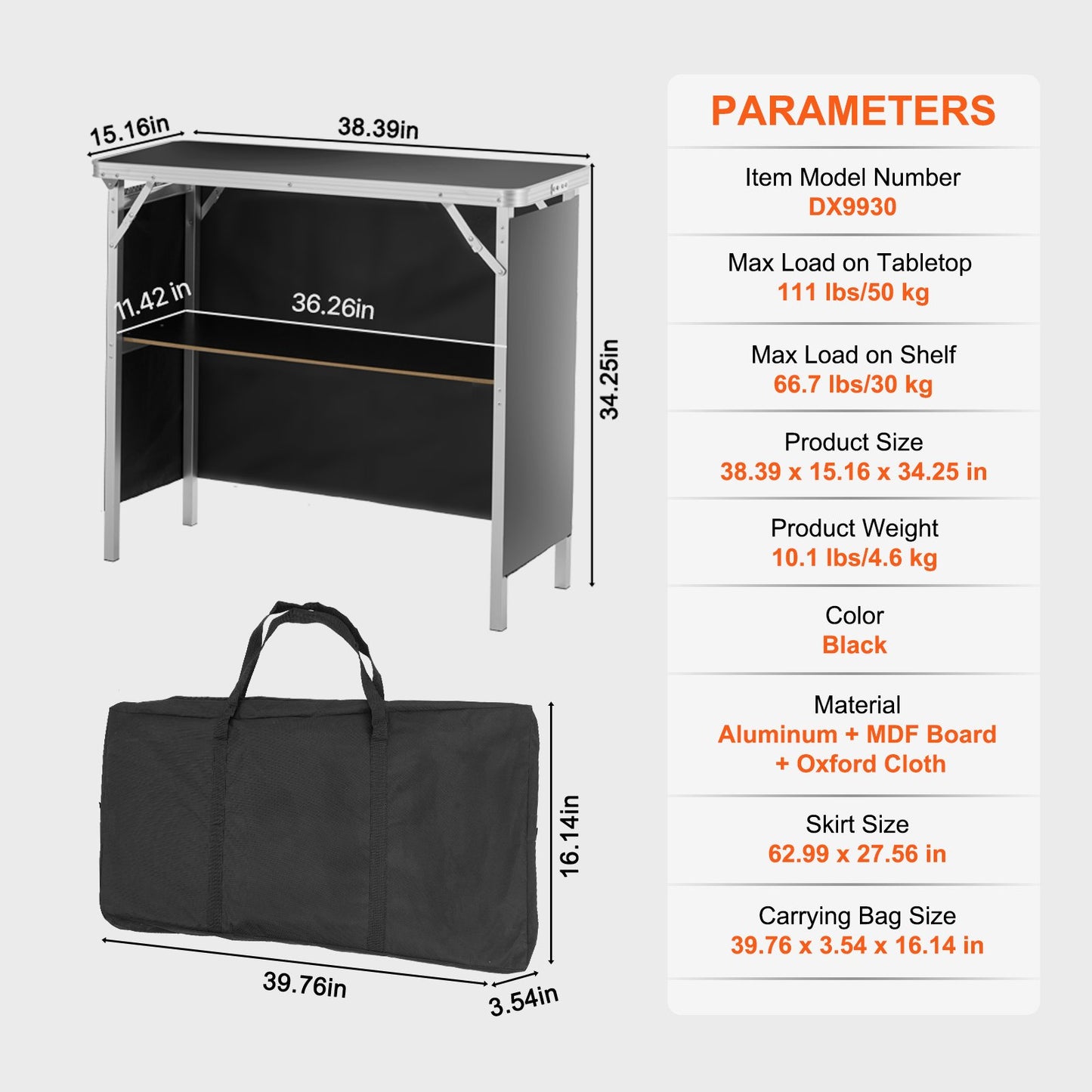 Portable Tradeshow Podium Table, 97,5 × 38,5 × 87 cm, Display Exhibition Counter Stand Booth Fair with Wall, Foldable Promotion Retail Bar Table Podium with Storage Rack and Carrying Bag