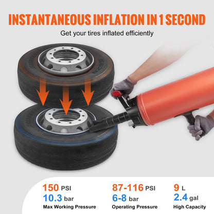 Däcksprängare, 2,4 gal/9 l luftblåsare för däck, 150 psi handhållen bläster, bärbart däckpumparverktyg, 87-116 psi driftstryck för traktor, lastbil, fyrhjuling, bil och fordonsreparationer