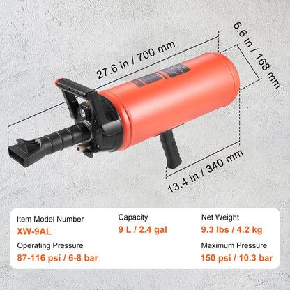 Däcksprängare, 2,4 gal/9 l luftblåsare för däck, 150 psi handhållen bläster, bärbart däckpumparverktyg, 87-116 psi driftstryck för traktor, lastbil, fyrhjuling, bil och fordonsreparationer