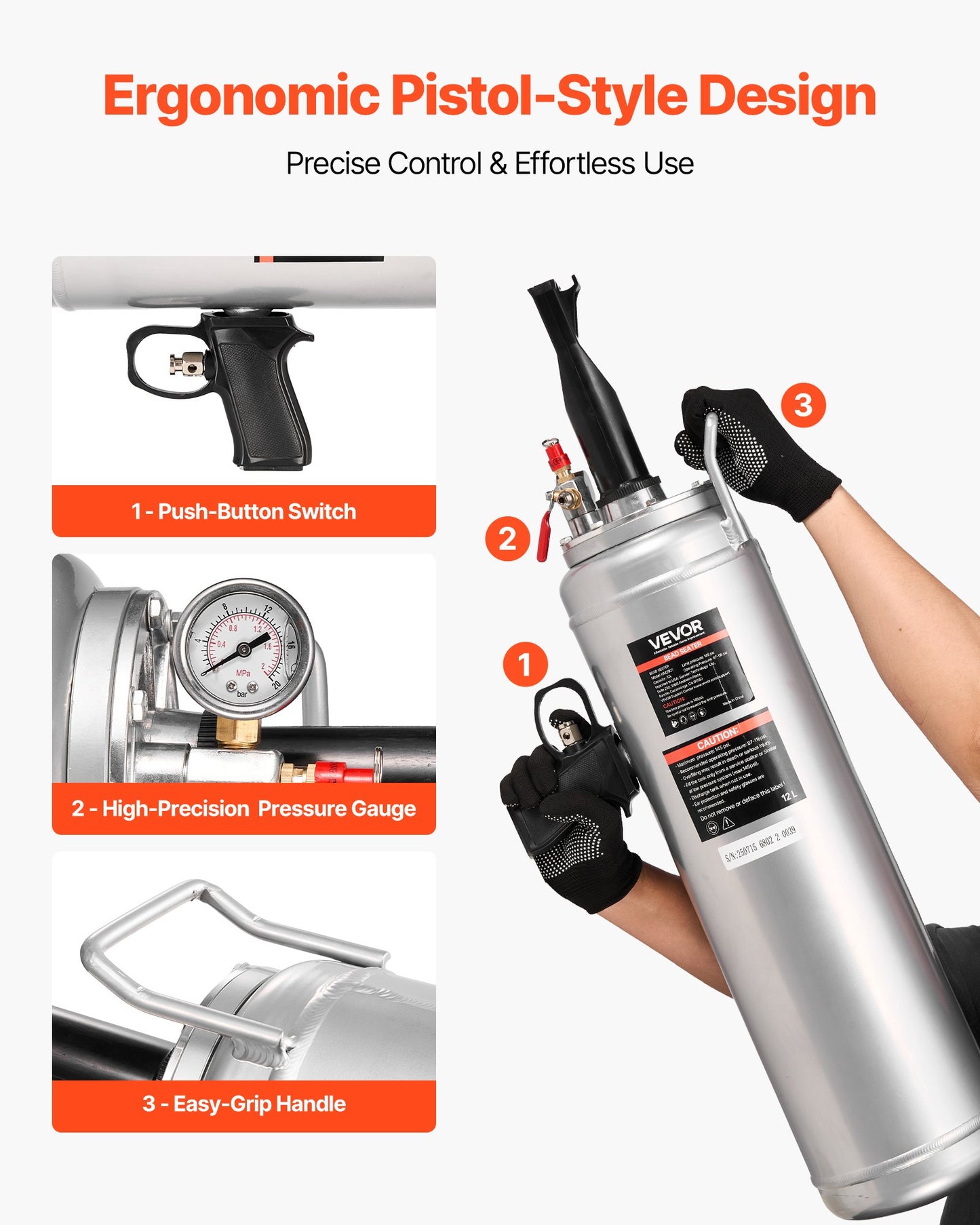 Bärbar däckpärlblåsare, 3,2 gallon / 12 l luftblåsare, handhållen däckpåfyllningsmaskin, 87-116 psi driftstryck, avtryckarmonterad däckpåfyllningsmaskin för bil, kompakt SUV, lätt lastbil, elcykel, husbil, fyrhjuling