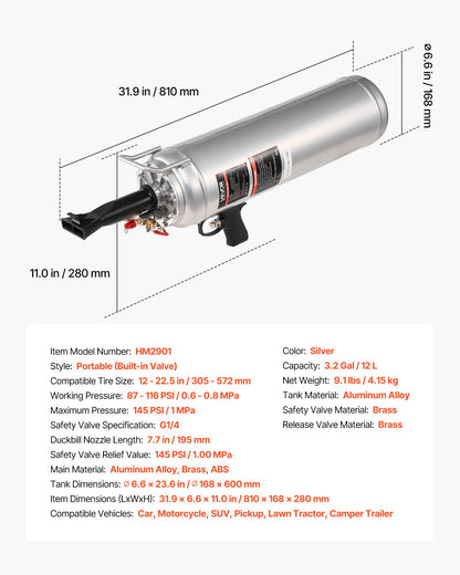 Bärbar däckpärlblåsare, 3,2 gallon / 12 l luftblåsare, handhållen däckpåfyllningsmaskin, 87-116 psi driftstryck, avtryckarmonterad däckpåfyllningsmaskin för bil, kompakt SUV, lätt lastbil, elcykel, husbil, fyrhjuling