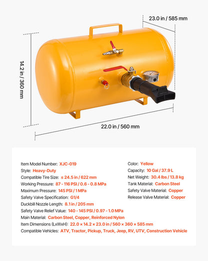 Luftfyllare för däckpärlor, 10 gallon / 37,9 l, kraftigt däckpärlsprängverktyg, 87-116 psi driftstryck, luftavtryckare för däckpärlpump för ATV, traktor, pickup, lastbil, jeep, husbil, UTV, gul