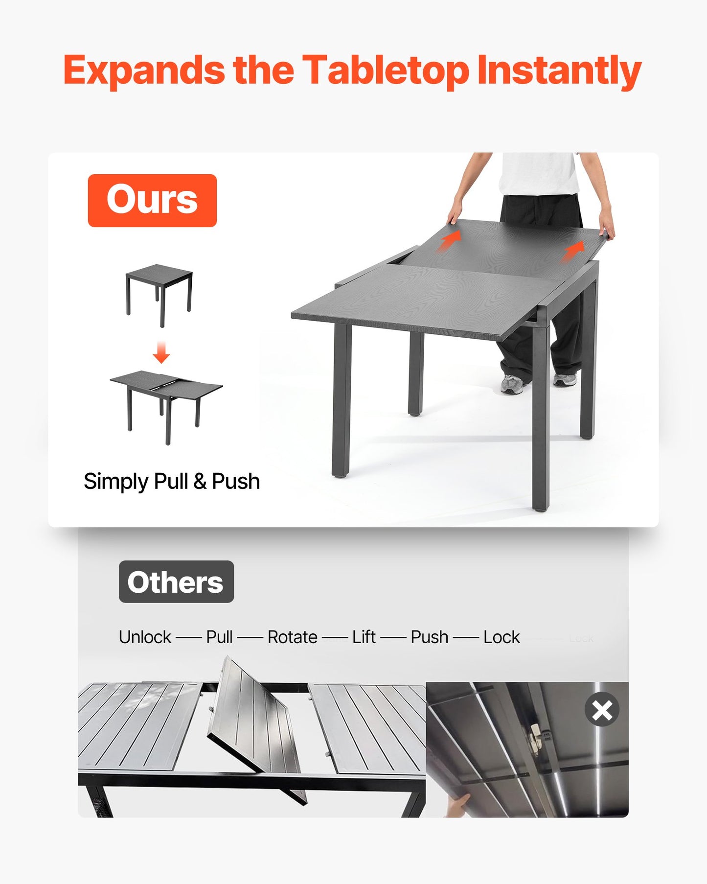 Utbyggbart matbord för utomhusbruk, 80-160 cm rektangulära bistrobord för 4-6 personer, aluminiumram, metallstål, stora vädertåliga möbler för gräsmatta/veranda, mörkgrå