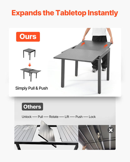 Utbyggbart matbord för utomhusbruk, 80-160 cm rektangulära bistrobord för 4-6 personer, aluminiumram, metallstål, stora vädertåliga möbler för gräsmatta/veranda, mörkgrå