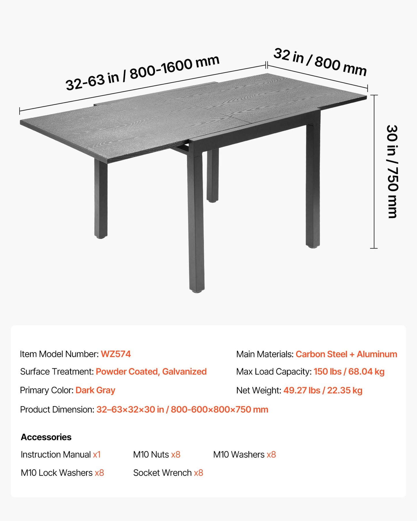 Utbyggbart matbord för utomhusbruk, 80-160 cm rektangulära bistrobord för 4-6 personer, aluminiumram, metallstål, stora vädertåliga möbler för gräsmatta/veranda, mörkgrå