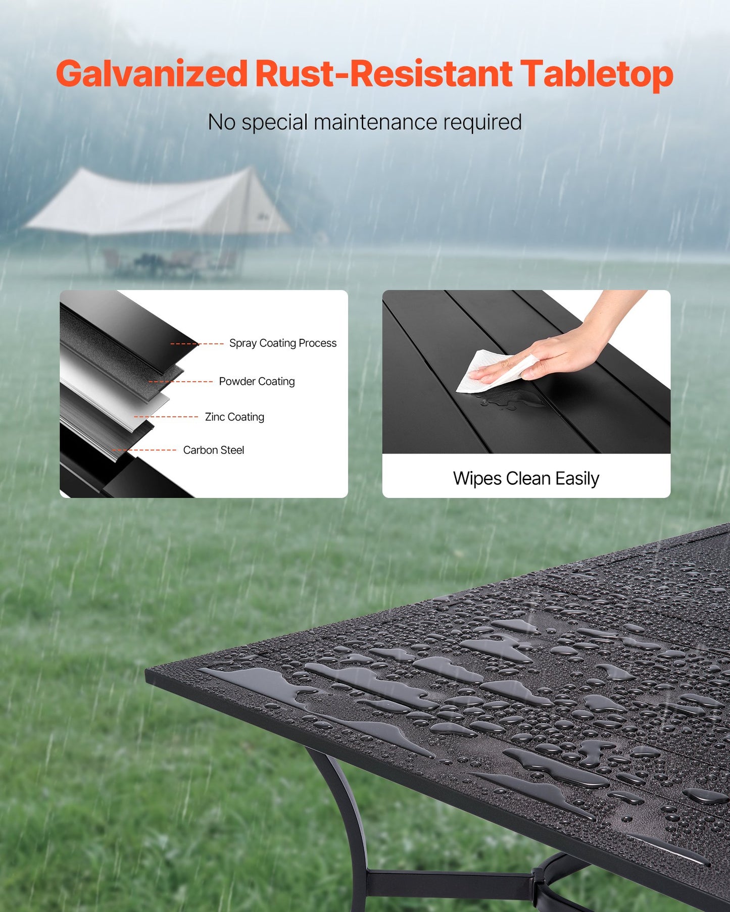 Matbord för utomhusbruk, 150 cm långt rektangulärt bistrobord i metall och stål för 4-6 personer, med 38 mm paraplyhål, stora vädertåliga möbler för gräsmatta/veranda, svart