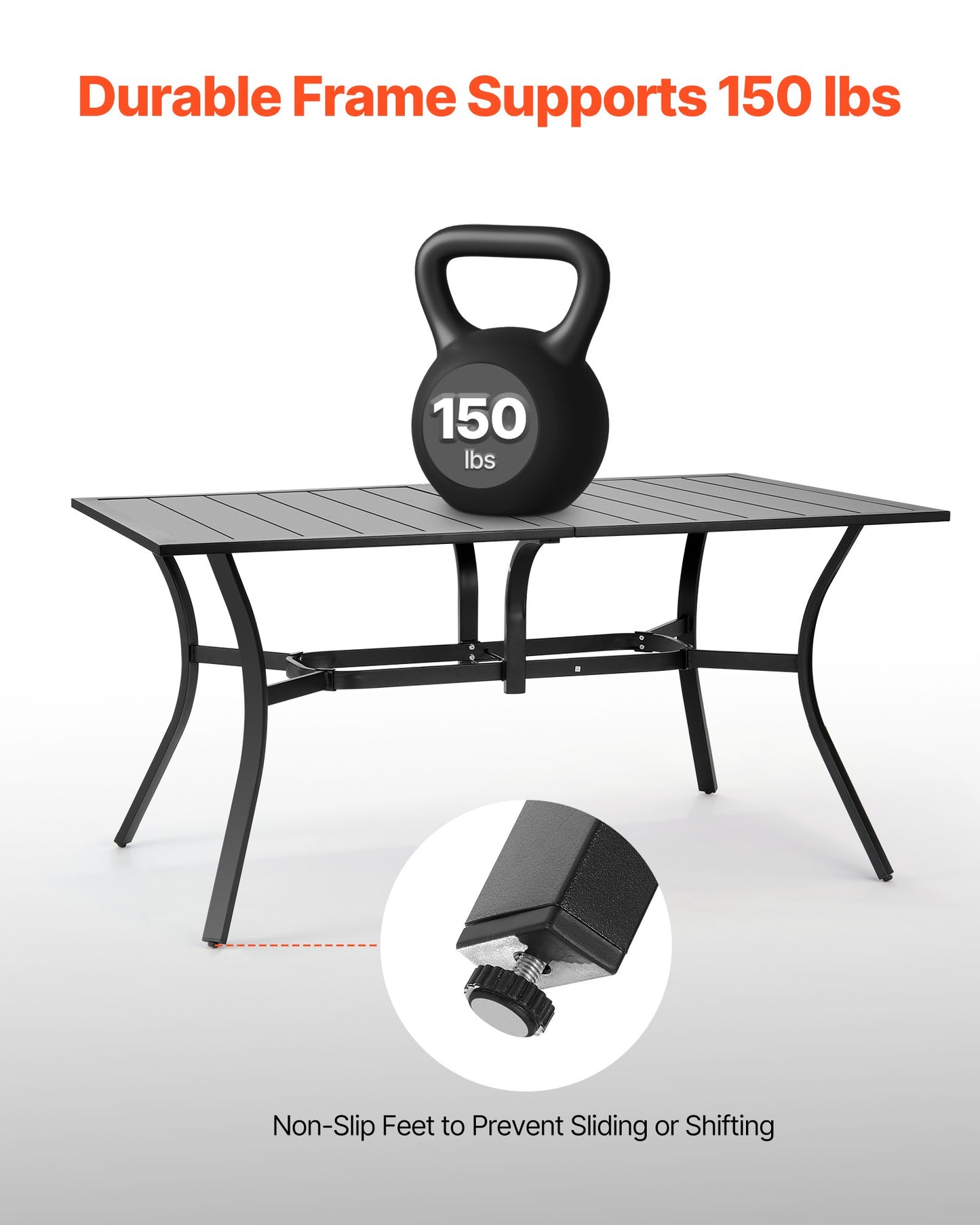 Matbord för utomhusbruk, 150 cm långt rektangulärt bistrobord i metall och stål för 4-6 personer, med 38 mm paraplyhål, stora vädertåliga möbler för gräsmatta/veranda, svart