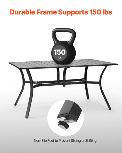 Matbord för utomhusbruk, 150 cm långt rektangulärt bistrobord i metall och stål för 4-6 personer, med 38 mm paraplyhål, stora vädertåliga möbler för gräsmatta/veranda, svart