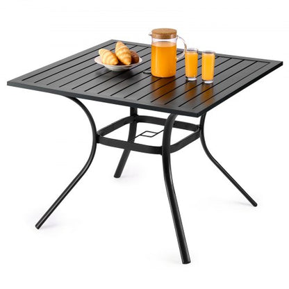 Outdoor Patio Dining Table, 94cm Square Metal Steel Slat Backyard Bistro Tables, with 38mm Umbrella Hole, Outside All-Weather Large Furniture for Lawn Garden Porch, Black