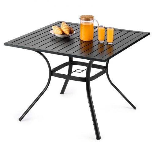 Outdoor Patio Dining Table, 94cm Square Metal Steel Slat Backyard Bistro Tables, with 38mm Umbrella Hole, Outside All-Weather Large Furniture for Lawn Garden Porch, Black