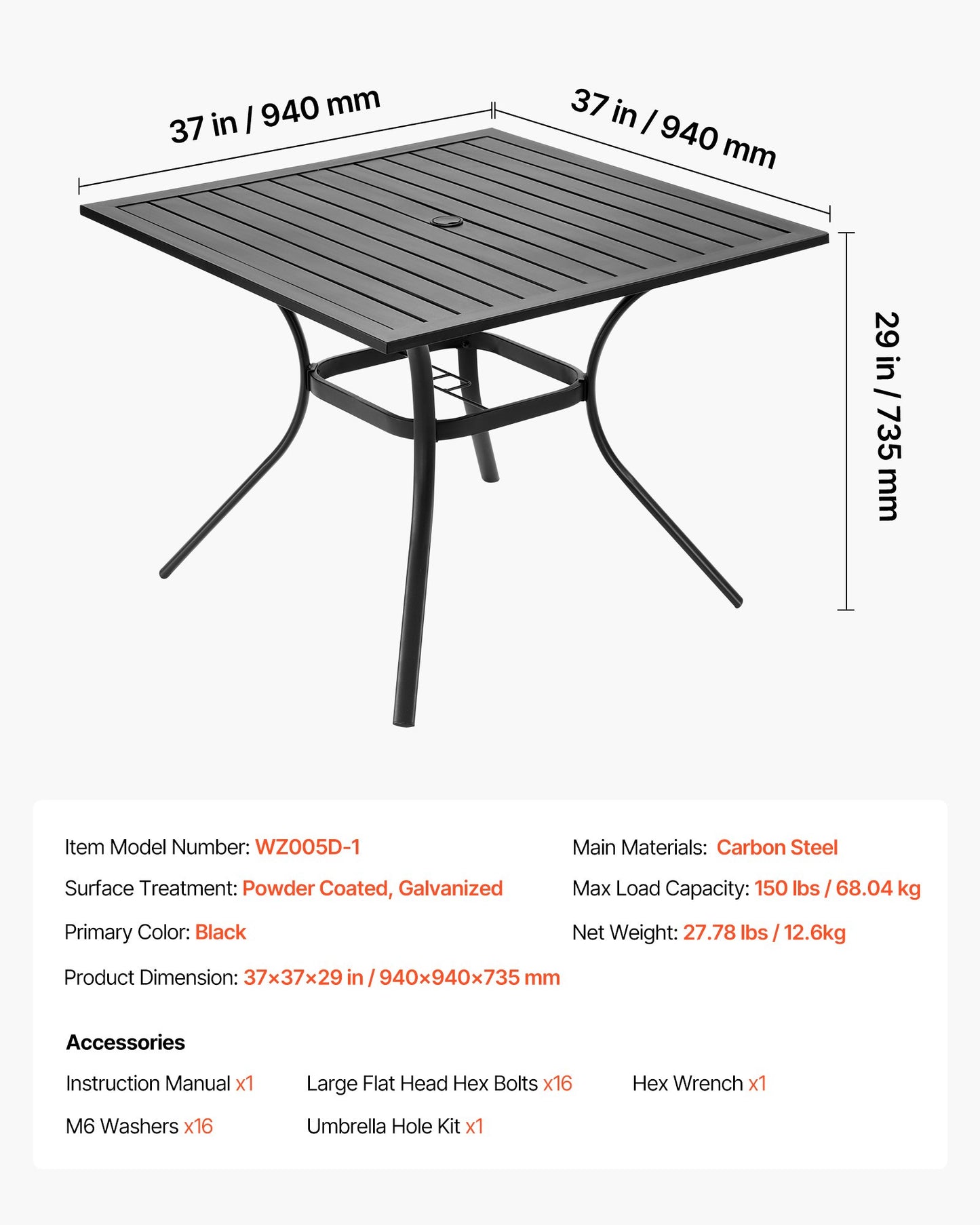 Outdoor Patio Dining Table, 94cm Square Metal Steel Slat Backyard Bistro Tables, with 38mm Umbrella Hole, Outside All-Weather Large Furniture for Lawn Garden Porch, Black