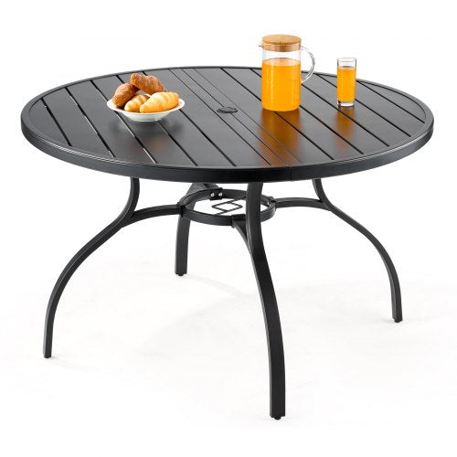 Matbord för utomhusbruk, 120 cm runda bistrobord i metall och stål, med 38 mm paraplyhål, stora utomhusmöbler i alla väder för gräsmatta/veranda, svart