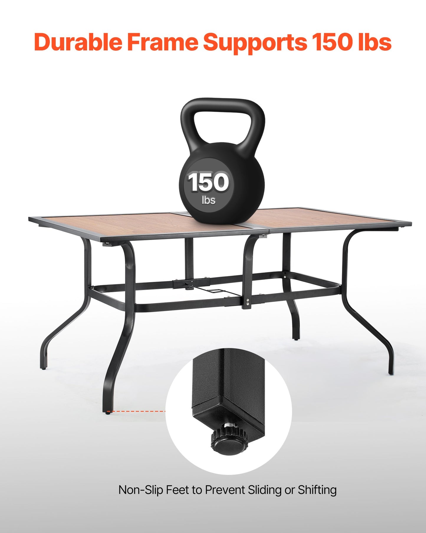 Matbord för utomhusbruk, 150 cm långt rektangulärt bistrobord i träliknande stål för 4-6 personer, med 38 mm paraplyhål, stora vädertåliga möbler för gräsmatta/veranda, brunt