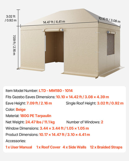 Vinterpaviljongöverdrag passar 3,08 x 4,39 m paviljonger med hård tak, allväderspaviljongöverdrag med sidoväggar och fönster, högdensitets PE-material, slutna förvaringsskydd, paviljonger ingår ej