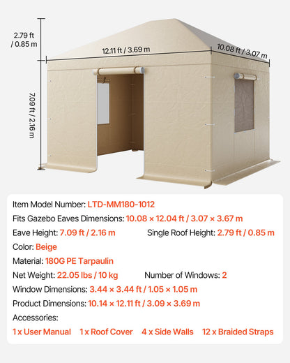 Vinterpaviljongöverdrag passar 3,07 x 3,67 m paviljonger med hård tak, allväderspaviljongöverdrag med sidoväggar och fönster, högdensitets PE-material, slutna förvaringsskydd, paviljonger ingår ej