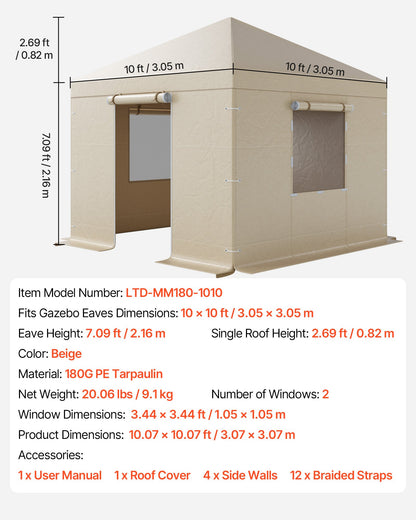 Vinterpaviljongöverdrag passar 3,05 x 3,05 m paviljonger med hård tak, allväderspaviljongöverdrag med sidoväggar och fönster, högdensitets PE-material, slutna förvaringsskydd, paviljonger ingår ej