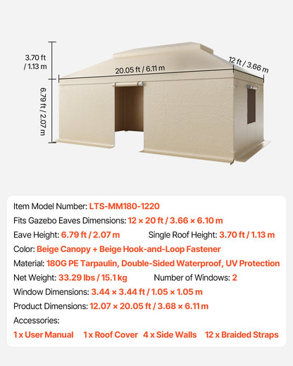 Vinterpaviljongöverdrag passar 3,66 x 6,10 m paviljonger med hård tak, allväderspaviljongöverdrag i dubbla nivåer med sidoväggar och nätfönster, högdensitets PE-förvaringsskydd, paviljonger ingår ej