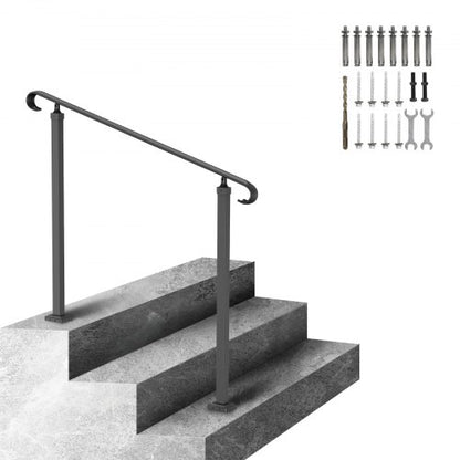 Wrought Iron Handrail, Fit 2 or 3 Steps Outdoor Stair Railing, Adjustable Front Porch Hand Rail, Black Transitional Hand railings for Concrete Steps or Wooden Stairs with Installation Kit